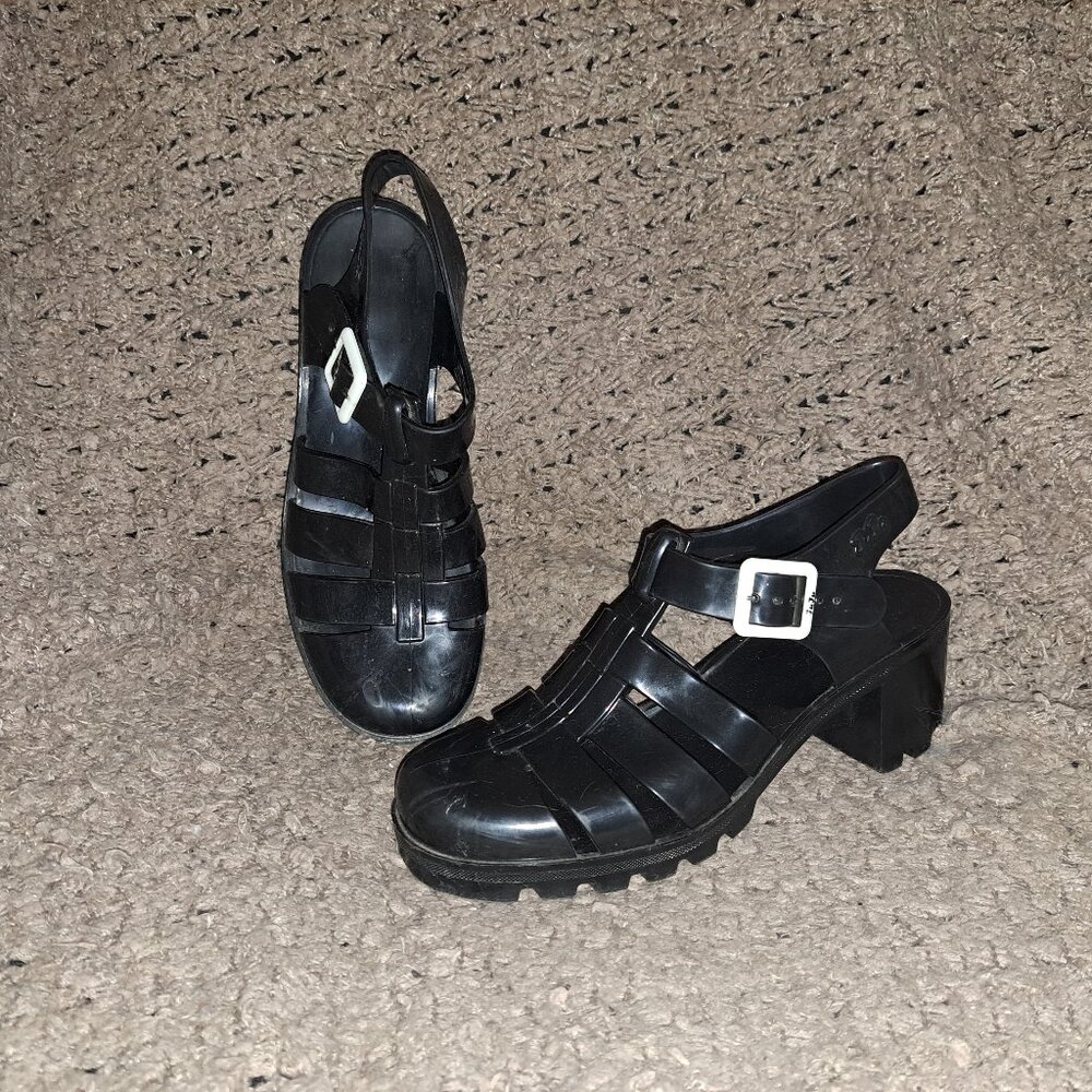 JUJU BABE-Heeled Jelly Sandals-Black-UK 7-US 9-Excellent
